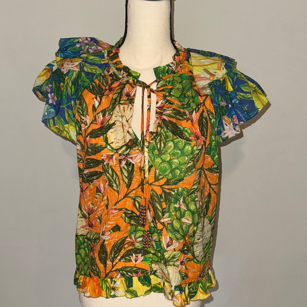 Farm Rio Tropical Print Ruffle Sleeve Top Sz M